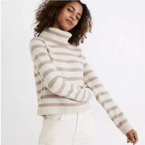 Madewell Womens Resourced Cashmere Crop Turtleneck Sweater in Stripe Tan White